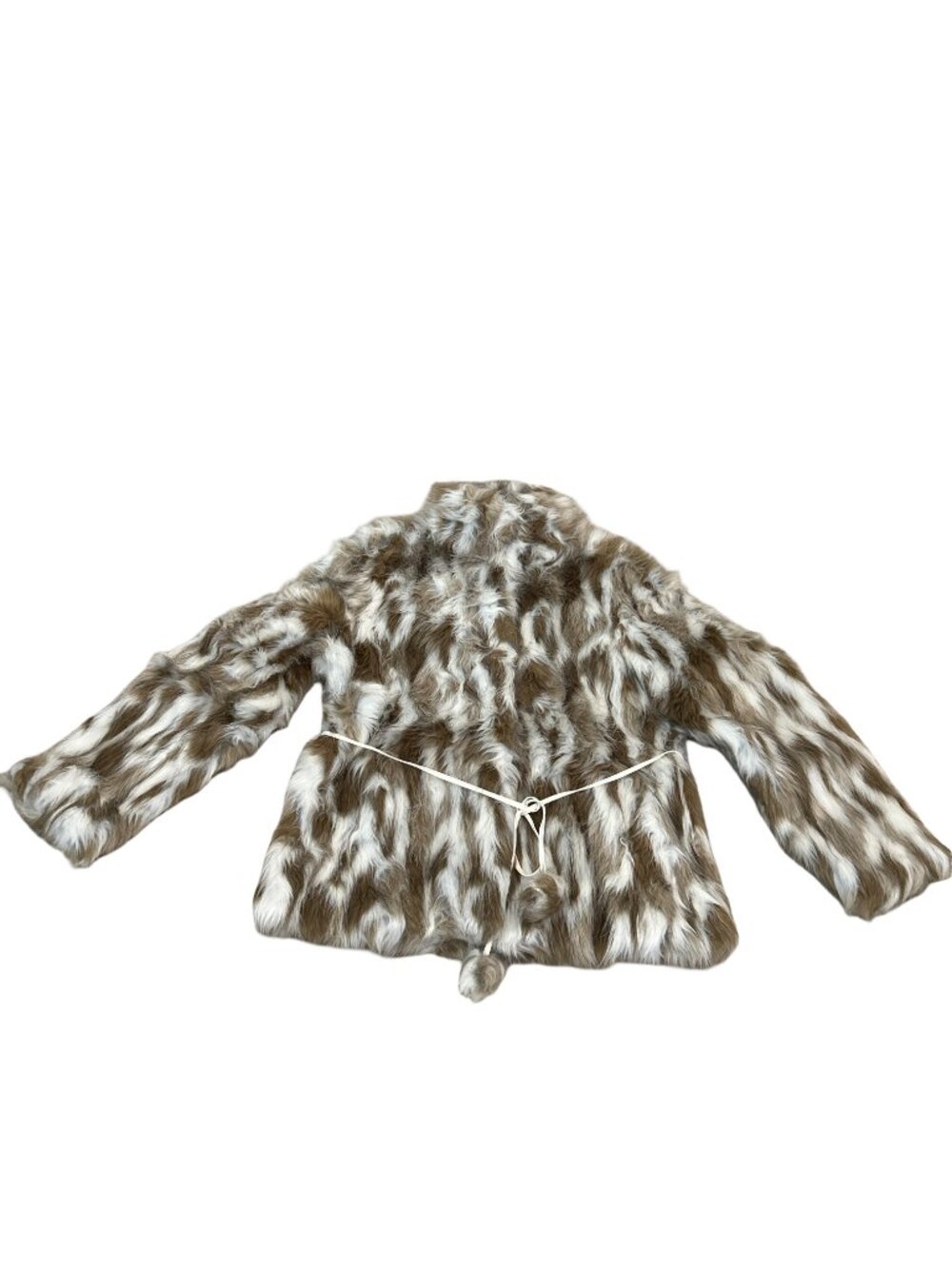 Vintage Newport News Faux Fur Coat Jacket Women Size 14 Brown White Tie Pom-Pom